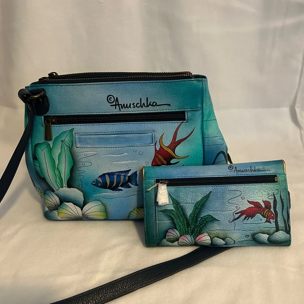 Anuschka Mermaid Design Blue Adjustable Crossbody Purse and Wallet Set - Picture 2 of 9